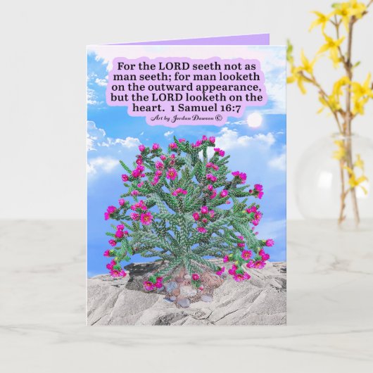 Mooie Cholla Cactus Schriftuur 1 Samuel 16:7 Kaart (Gele Bloem)
