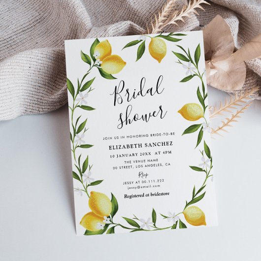 Mooie citroen gebladerte bruids douche uitnodiging