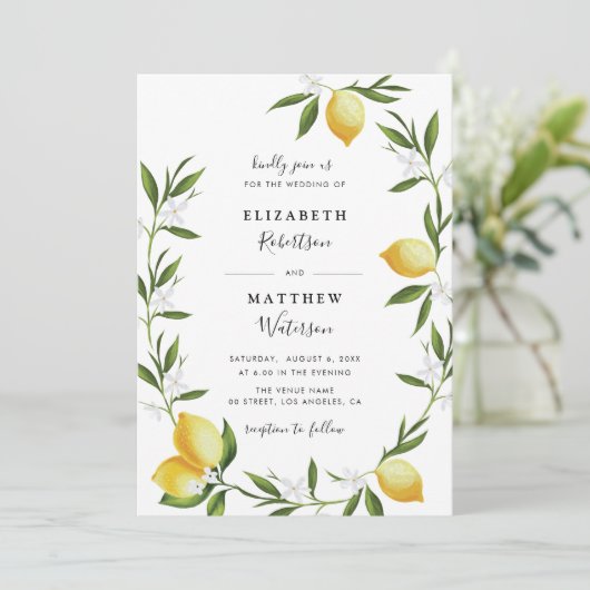 Mooie citroen gebladerte bruiloft uitnodiging (Staand voorkant)