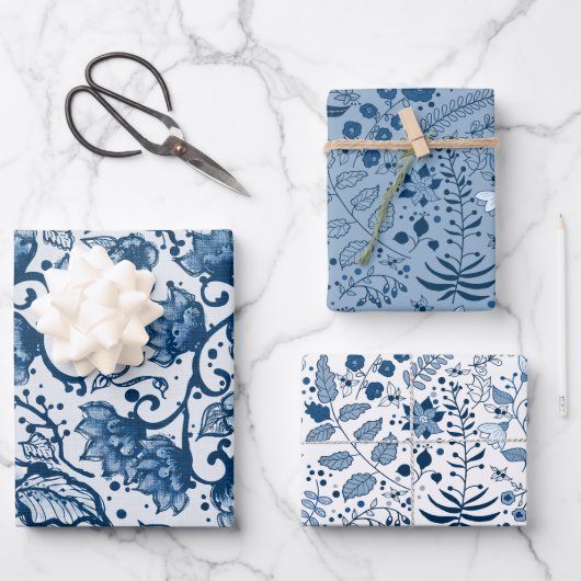 Mooie Classic Blue en White Floral Patronen Inpakpapier Vel (Voorkant)