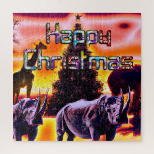 Mooie Colorful Rhinos Kerstmis Legpuzzel