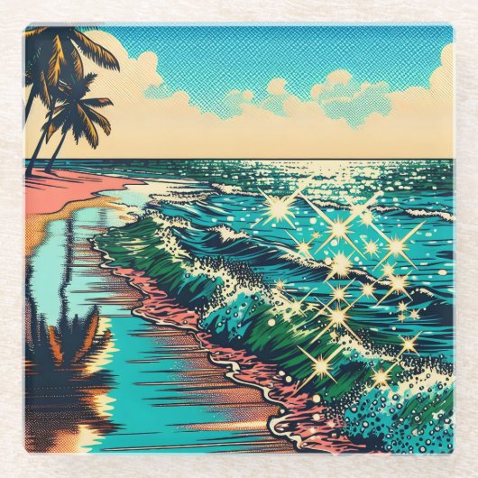 Mooie Comic Pop Art Style Beach Scene Glazen Onderzetter (Voorkant)