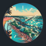 Mooie Comic Pop Art Style Beach Scene Grote Klok<br><div class="desc">Prachtige blauwe oceaangolven op een zandstrand met een  reflectie in het water. Palmbomen en sprankelend water en een bewolkte lucht.</div>
