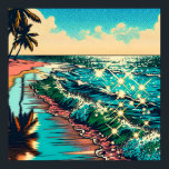 Mooie Comic Pop Art Style Beach Scene Poster<br><div class="desc">Prachtige blauwe oceaangolven op een zandstrand met een  reflectie in het water. Palmbomen en sprankelend water en een bewolkte lucht.</div>