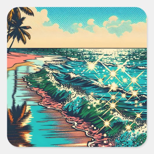 Mooie Comic Pop Art Style Beach Scene Vierkante Sticker (Voorkant)