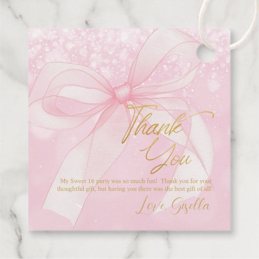 Mooie Coquette Roze Lint Bogen Sweet 16 Sixteen Bedankjes Labels (Achterkant)