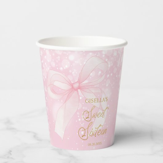 Mooie Coquette Roze Lint Bogen Sweet 16 Sixteen Papieren Bekers (Achterkant)