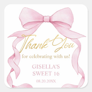 Mooie Coquette Roze Lint Bogen Sweet Sixteen 16 Vierkante Sticker