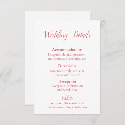 Mooie Coral en White Wedding details Informatiekaartje (Voorkant / Achterkant)