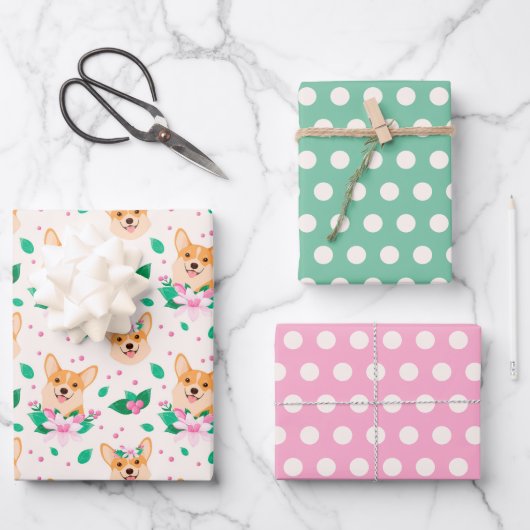 Mooie Corgi Bloemige Inpakpapier Set van 3 Vel (Voorkant)