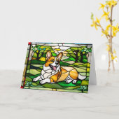Mooie Corgi Glas-in-Lood Kaart (Gele Bloem)