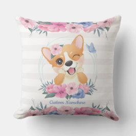 Mooie Corgi Hond Bloemenkrans Blauwe Vlinder Op Ma Buitenkussen