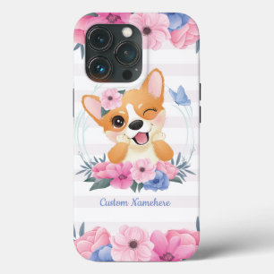 Mooie Corgi Hond Bloemenkrans Blauwe Vlinder Op Ma Case-Mate iPhone Case