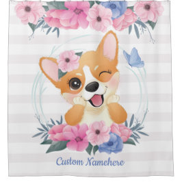 Mooie Corgi Hond Bloemenkrans Blauwe Vlinder Op Ma Douchegordijn