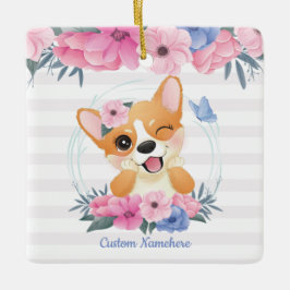 Mooie Corgi Hond Bloemenkrans Blauwe Vlinder Op Ma Keramisch Ornament