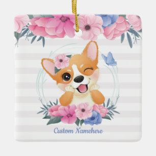 Mooie Corgi Hond Bloemenkrans Blauwe Vlinder Op Ma Keramisch Ornament