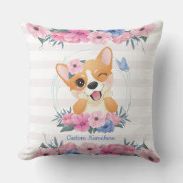 Mooie Corgi Hond Bloemenkrans Blauwe Vlinder Op Ma Kussen