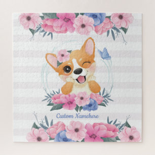 Mooie Corgi Hond Bloemenkrans Blauwe Vlinder Op Ma Legpuzzel