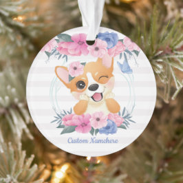 Mooie Corgi Hond Bloemenkrans Blauwe Vlinder Op Ma Ornament