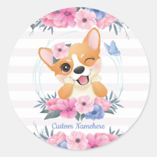 Mooie Corgi Hond Bloemenkrans Blauwe Vlinder Op Ma Ronde Sticker