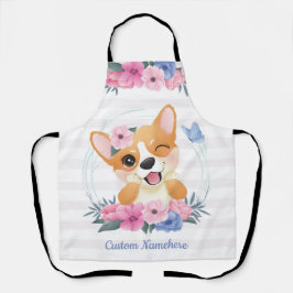 Mooie Corgi Hond Bloemenkrans Blauwe Vlinder Op Ma Schort