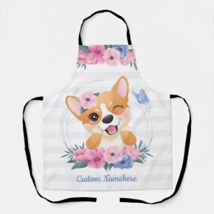 Mooie Corgi Hond Bloemenkrans Blauwe Vlinder Op Ma Schort