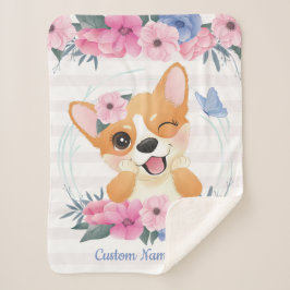 Mooie Corgi Hond Bloemenkrans Blauwe Vlinder Op Ma Sherpa Deken