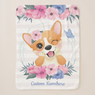 Mooie Corgi Hond Bloemenkrans Blauwe Vlinder Op Ma Sherpa Deken