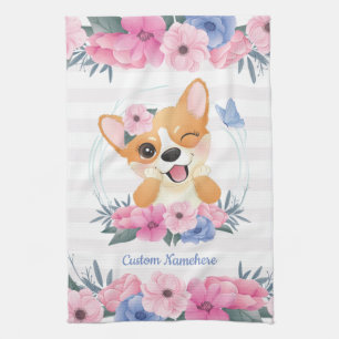 Mooie Corgi Hond Bloemenkrans Blauwe Vlinder Op Ma Theedoek