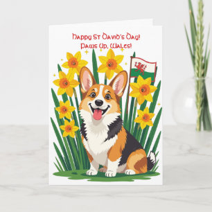Mooie Corgi-hond tussen de narcissen steunt Wales Kaart