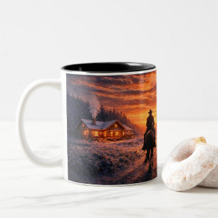 Mooie Country Western Cowboy Thuis Schuur Kerstmis Tweekleurige Koffiemok