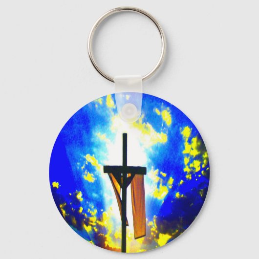 Mooie Cross Blue en Yellow Sky Sleutelhanger (Voorkant)
