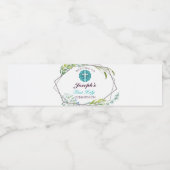 Mooie Cross Blue Floral First Heilige Communie Waterfles Etiket (Enkel label)