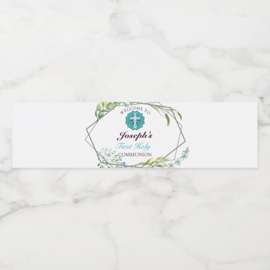 Mooie Cross Blue Floral First Heilige Communie Waterfles Etiket (Enkel label)