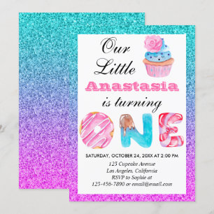 Mooie Cupcake Blauw Paars Glitters 1e Verjaardag E Kaart