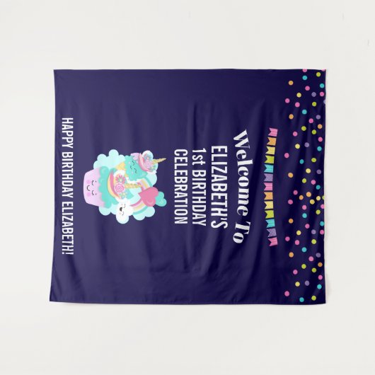 Mooie Cupcake en Gelukkige Ijs Verjaardag Wandkleed (Voorkant (horizontaal))