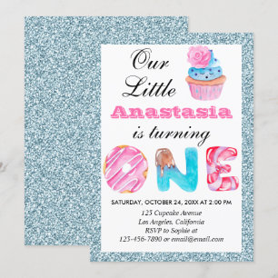 Mooie Cupcake Lichtblauwe Glitters 1e Verjaardag E Kaart
