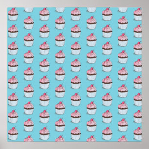 Mooie Cupcakes op Blauwe Achtergrond Poster