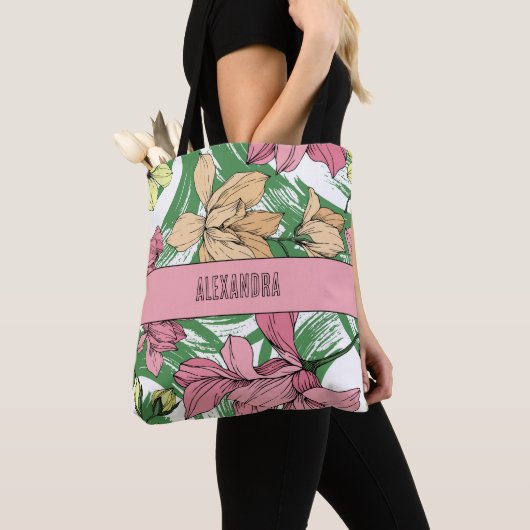 Mooie, cute roze en groene bloemige monogram tote bag (Dichtbij)