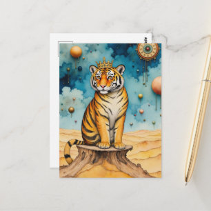 Mooie Cute Tijger in een Gouden Kroon Briefkaart