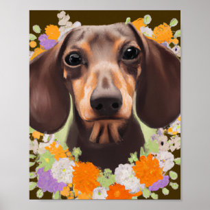 Mooie Dachshund Puppy in Bloemen Meisjes Kamer Poster