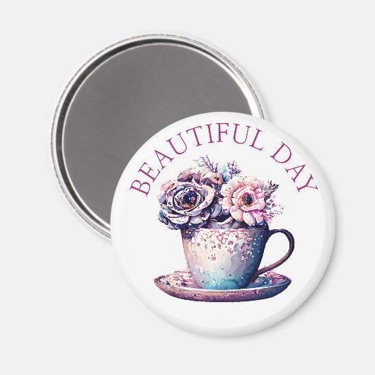 Mooie Dag   Thee Cup of Flowers Magneet (Voorkant / Achterkant)