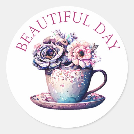 Mooie Dag   Thee Cup of Flowers Ronde Sticker (Voorkant)