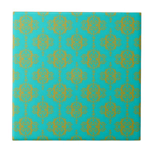 Mooie damask patroon goud over turquoise tegeltje