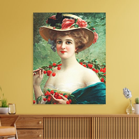  mooie dame, blowerend Pet en kersen Canvas Afdruk (Insitu (Woonkamer))