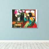 Mooie dame die bloemen bewondert canvas afdruk (Insitu (Houten vloer))