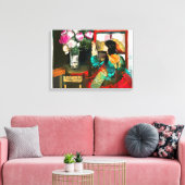 Mooie dame die bloemen bewondert canvas afdruk (Insitu (Woonkamer))