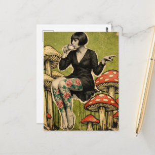 Mooie Dame Drinkt Thee Zit Op Paddenstoelen Briefkaart