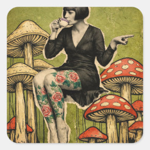 Mooie Dame Drinkt Thee Zit Op Paddenstoelen Vierkante Sticker