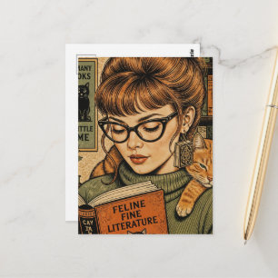 Mooie dame en haar kat lezend briefkaart